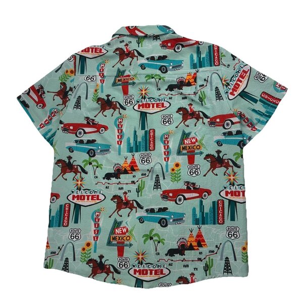 VTG Hawaiian Shirts Mens M Blue Route 66 Cars Short Sleeve Button Up Aloha - Picture 2 of 6